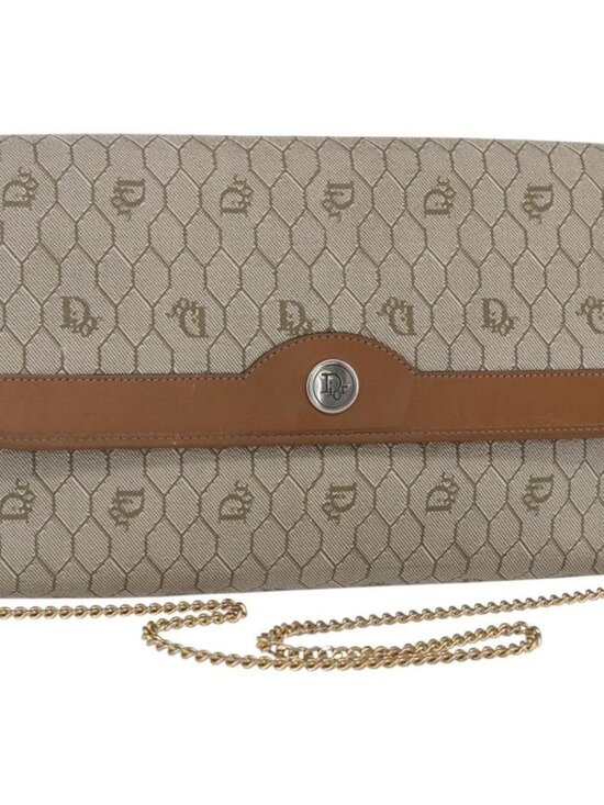 Authentic Christian Dior Honeycomb Canvas Chain Shoulder Bag PVC Beige Gold